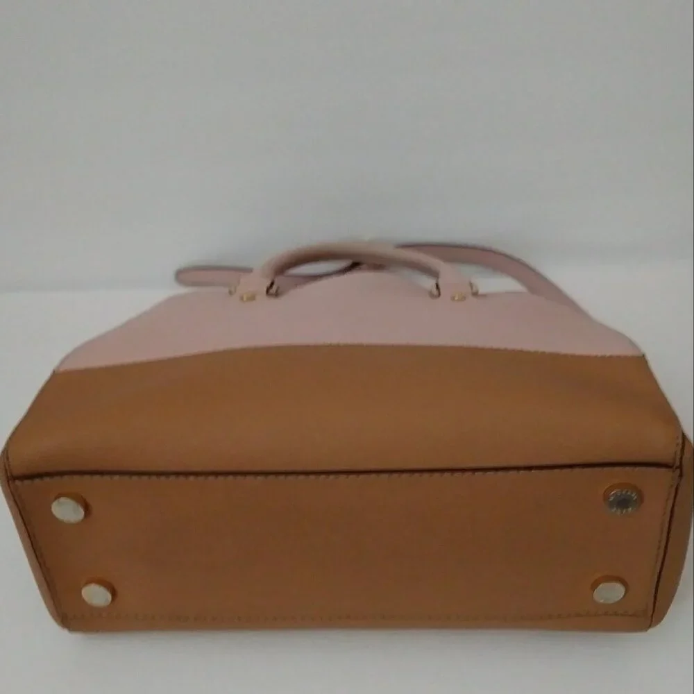 Michael Kors Satchel Bag Purse Double Handle Logo Charm Pink/Tan - Picture 10 of 16